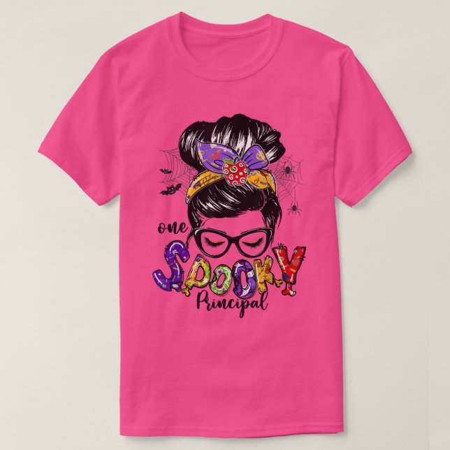 One Spooky Principal Messy Bun Happy Halloween Gif T-Shirt (Design Front)