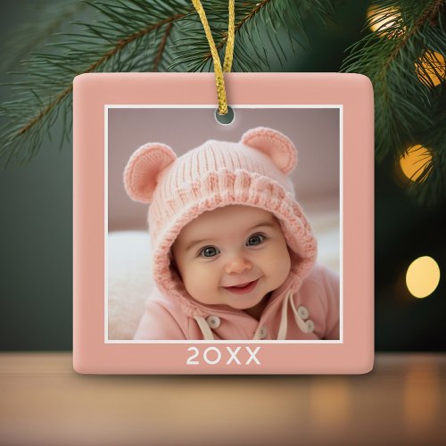 One Square Photo plus Year _ minimal coral pink Ceramic Ornament