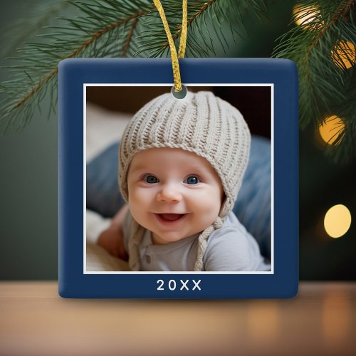 One Square Photo plus Year _ minimal navy border Ceramic Ornament