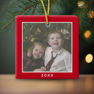 One Square Photo plus Year - minimal red border Ceramic Ornament