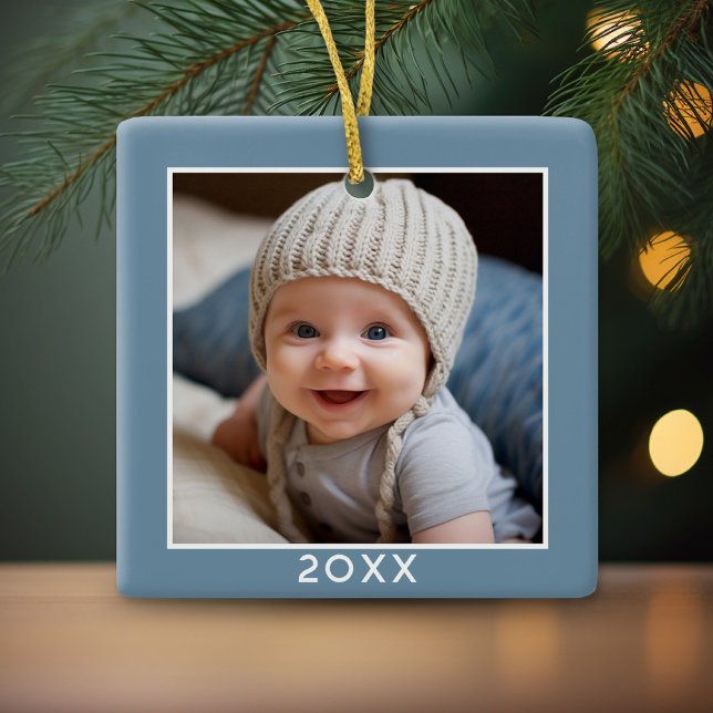 One Square Photo - Year - minimal light denim blue Ceramic Ornament (Cute and Modern, Minimalist Ornament for a Baby Boy. Add Your Photo!)
