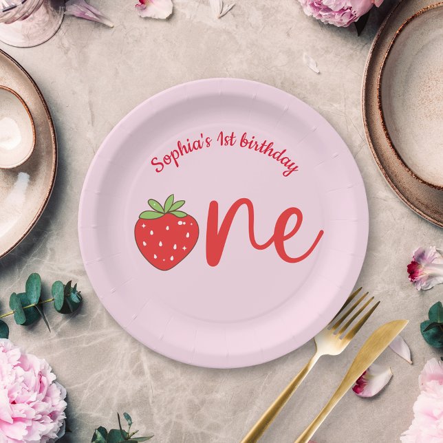 One Strawberry Birthday Pink Paper Plates (Creator Uploaded)