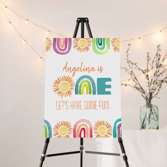 ONE Sun & Rainbows 1st Birthday Orange Sign (In Situ (Stand))