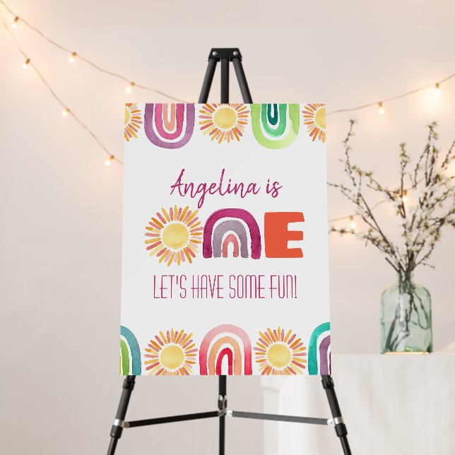 ONE Sun & Rainbows 1st Birthday Welcome Sign (In Situ (Stand))