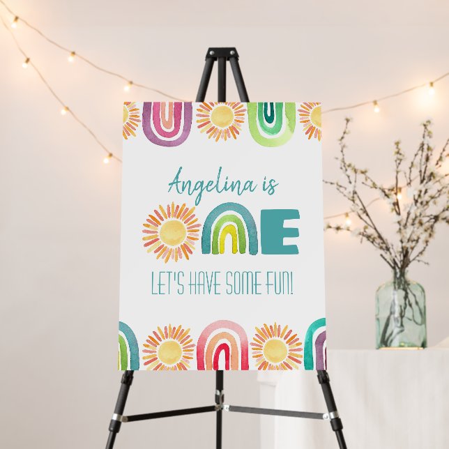 ONE Sun & Rainbows 1st Birthday Welcome Sign Blue (In Situ (Stand))