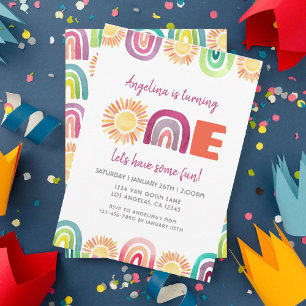 ONE Sun & Rainbows First Birthday Boho Watercolor Invitation