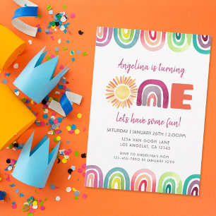 ONE Sunshine Rainbow 1st Birthday Boho Watercolor Invitation