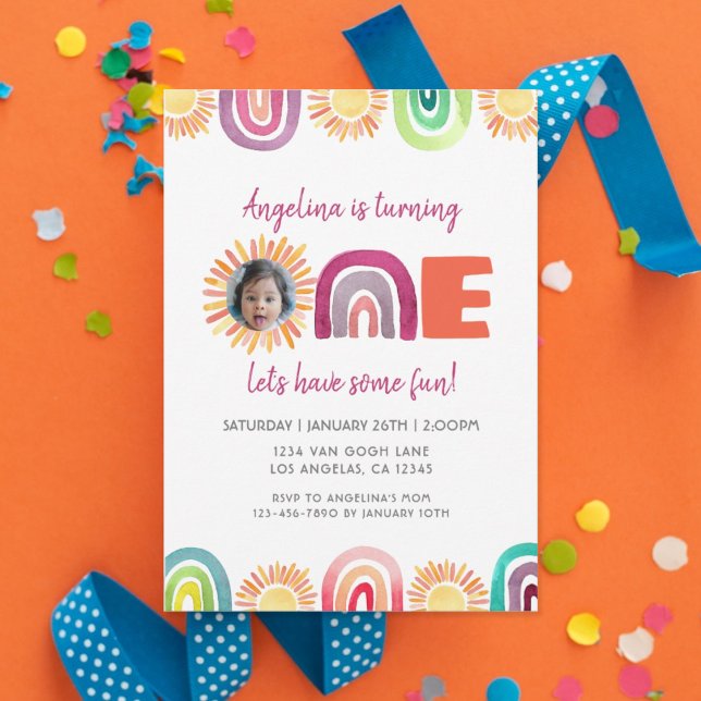 ONE Sunshine Rainbow 1st Birthday Watercolor Photo Invitation (Creator Uploaded)
