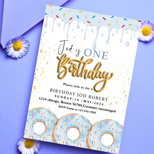 One Sweet 1nd Donut BLUE cream Birthday Party  Invitation