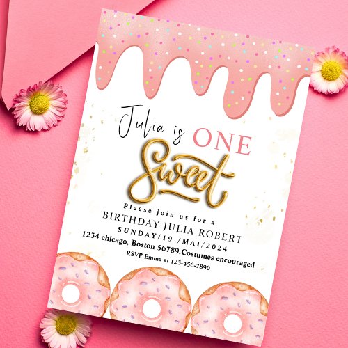 One Sweet 1nd Donut pink cream Birthday Party  Invitation