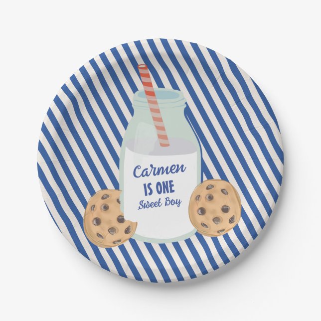 One Sweet Boy Cookie First Birthday Paper Plates (Front)