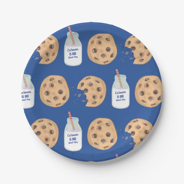 One Sweet Boy Cookie Pattern First Birthday Paper Plates (Front)