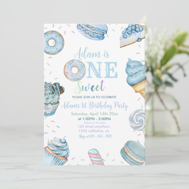 One Sweet Boy Donut Blue Dessert 1st Birthday  Invitation (Standing Front)