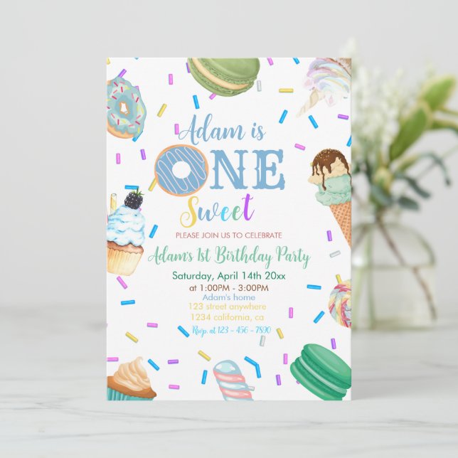 One Sweet Boy Donut Blue Dessert 1st Birthday  Invitation (Standing Front)