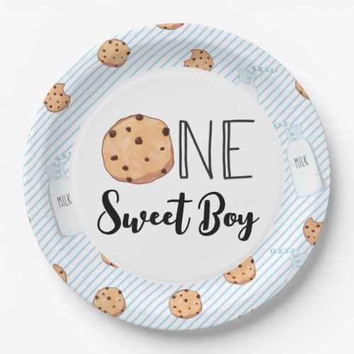 One Sweet Boy Milk and Cookies blue Birthday Paper Plates