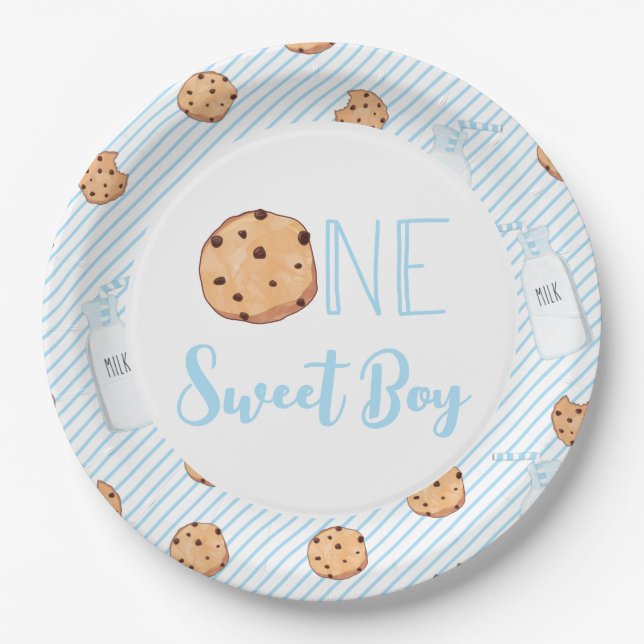 One Sweet Boy Milk and Cookies blue Birthday Paper Plates (Front)