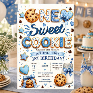 One Sweet Cookie Boy First Birthday Blue Invitation