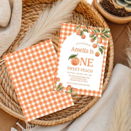 One Sweet Gingham Peach 1st Birthday invitation