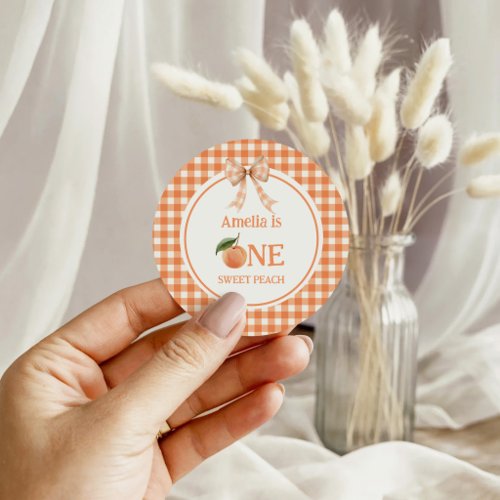 One Sweet Gingham  Peach 1st Birthday invitation Classic Round Sticker