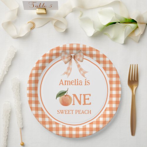 One Sweet Gingham Peach 1st Birthday invitation Paper Plates