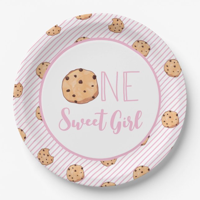 One Sweet Girl cookies and Pink stripes Birthday Paper Plates (Front)