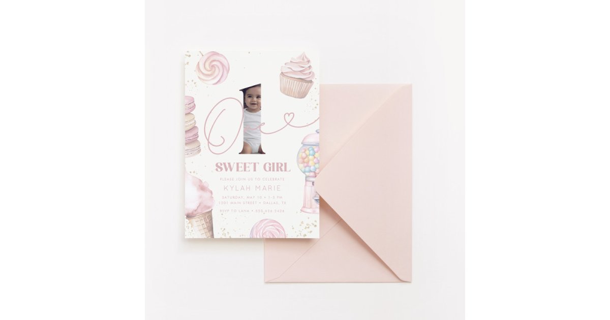 One Sweet Girl Pastel Candy 1st Birthday Invitation | Zazzle