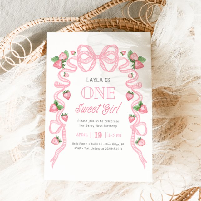 One Sweet Girl | Strawberry Pink Bow 1st Birthday Invitation (Creator Uploaded)