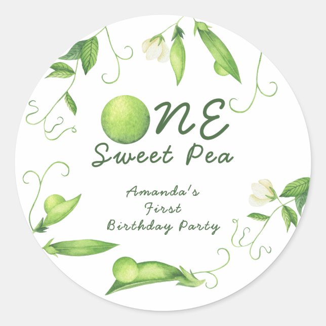 One Sweet Pea First Birthday Classic Round Sticker (Front)