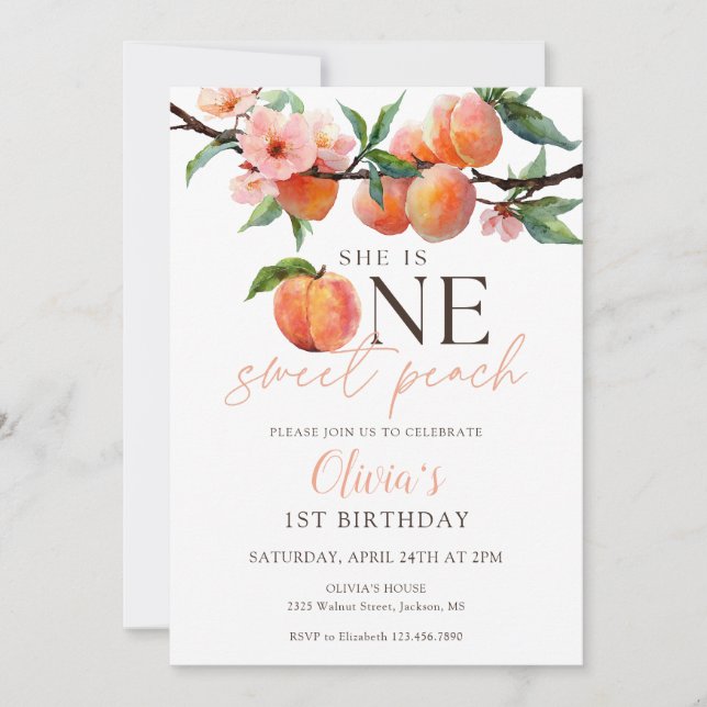 One Sweet Peach 1st Birthday  Invitation (Front)