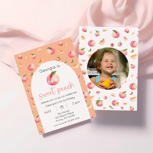One Sweet Peach 1st Birthday Photo Invitation