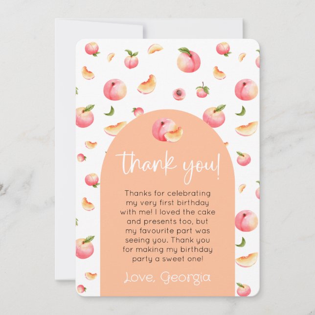 One Sweet Peach 1st Birthday Photo Thank You Card (Front)