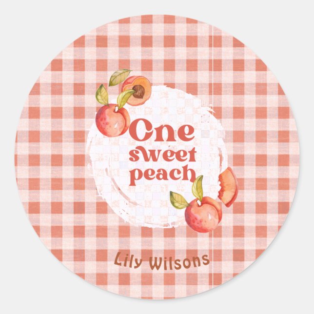 One Sweet Peach 1st Birthday Rustic Gingham Classic Round Sticker (Front)
