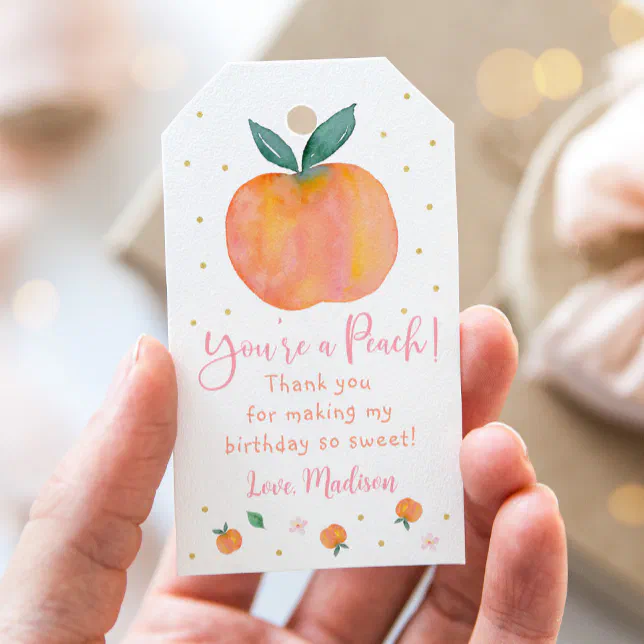 One Sweet Peach Birthday Thank You Gift Tags | Zazzle