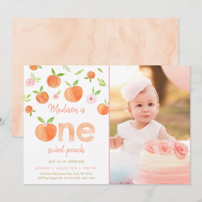 One Sweet Peach First Birthday Invitation (Front/Back)