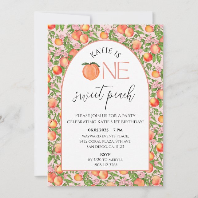 One Sweet Peach First Birthday Party Invitation (Front)