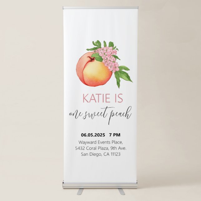 One Sweet Peach First Birthday Party Retractable Banner (Front)