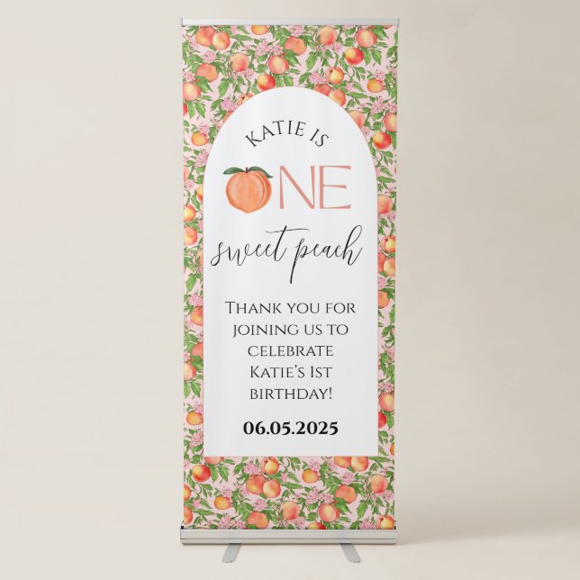 One Sweet Peach First Birthday Party Retractable Banner (Front)