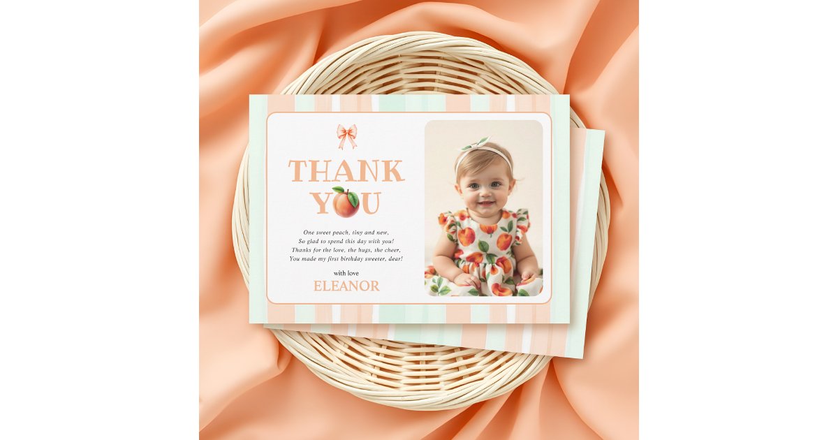 One sweet peach First Birthday watercolor photo Thank You Card | Zazzle