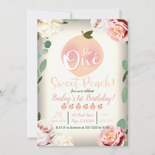 ONE SWEET PEACH Floral 1st Birthday Party Invitation