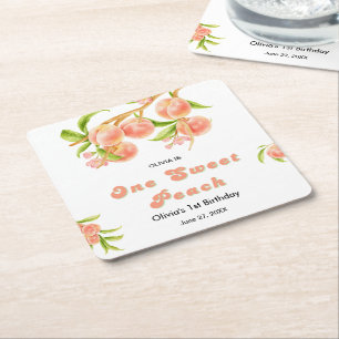 One Sweet Peach Fruit 1st Birthday Square Paper Coaster