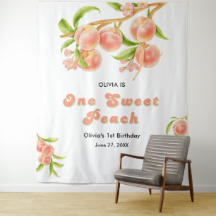 One Sweet Peach Fruit Girl 1st Birthday Backdrop 