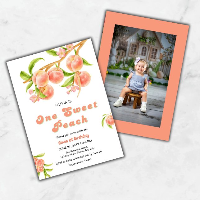 One Sweet Peach Fruit Photo 1st Birthday  Invitation (One Sweet Peach Fruit Photo 1st Birthday Invitation )