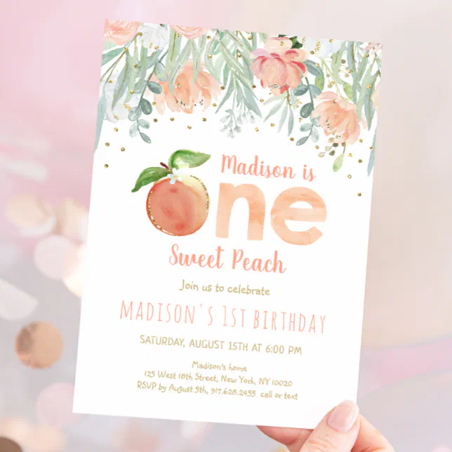 One Sweet Peach Girl 1st Birthday Invitation | Zazzle