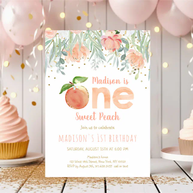 One Sweet Peach Girl 1st Birthday Invitation | Zazzle