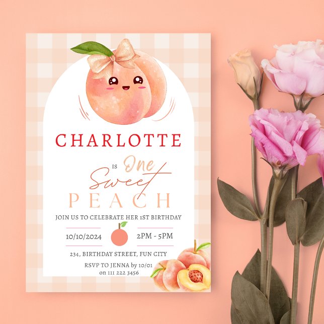 One Sweet Peach Girl 1st First Birthday Invitation (One Sweet Peach 1st First Birthday Invitation)