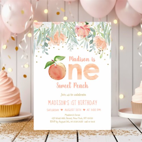 One Sweet Peach Girl First Birthday Invitation
