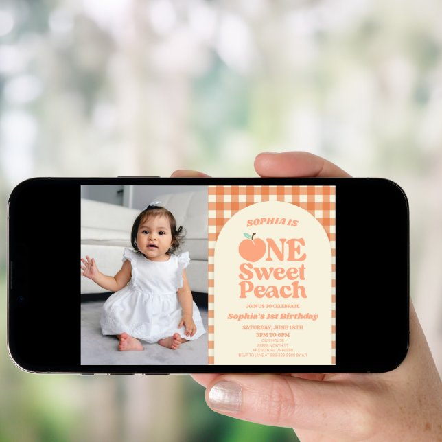 One Sweet Peach Picture First 1st Birthday Party Invitation (Front Digital)