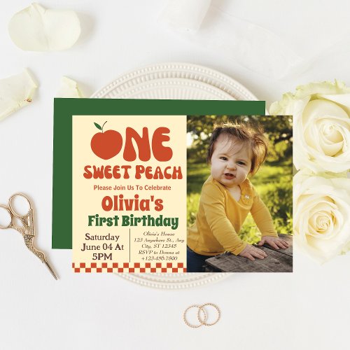 One Sweet Peach_ Retro Peach 1st Birthday Photo Invitation