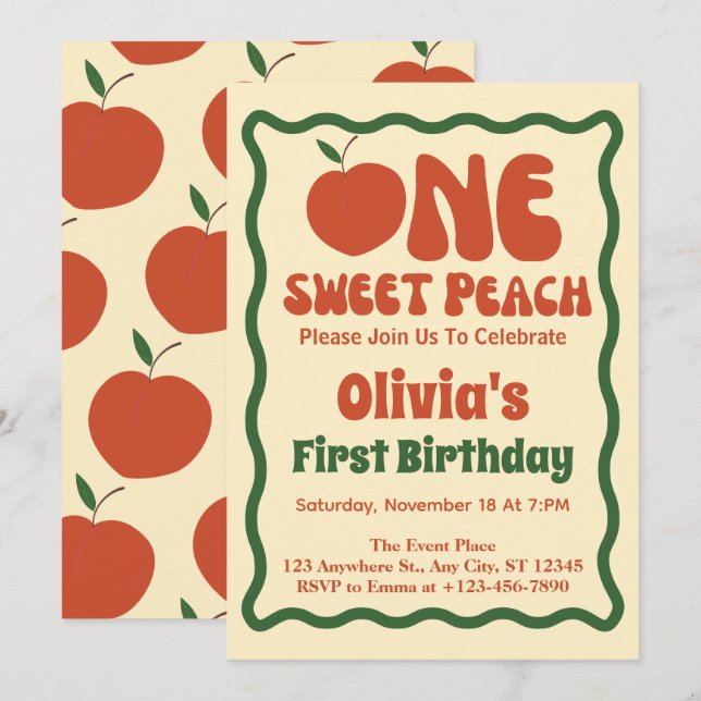 One Sweet Peach- Wavy Retro Peach 1st Birthday   Invitation (Front/Back)