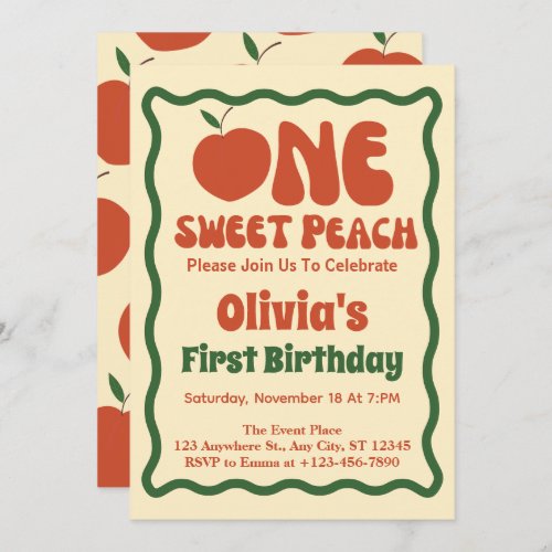 One Sweet Peach_ Wavy Retro Peach 1st Birthday   Invitation